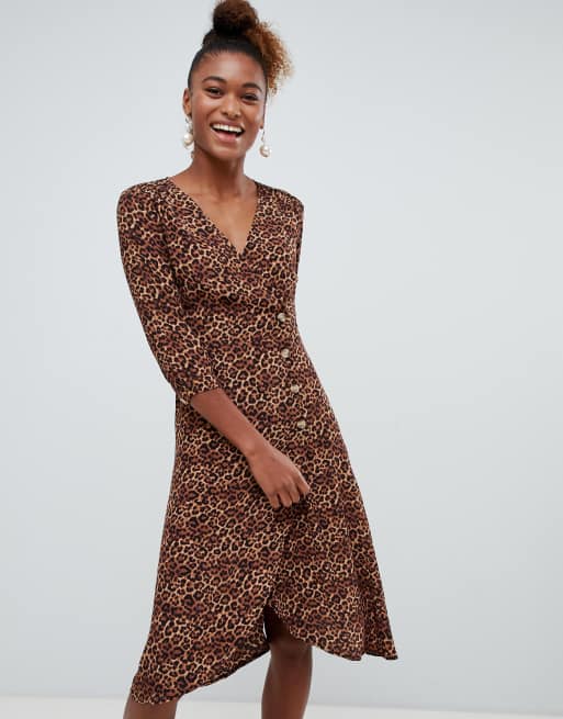 Monki leopard print wrap dress with buttons in brown