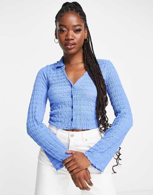 Monki lettuce edge jersey polo top in blue - part of a set