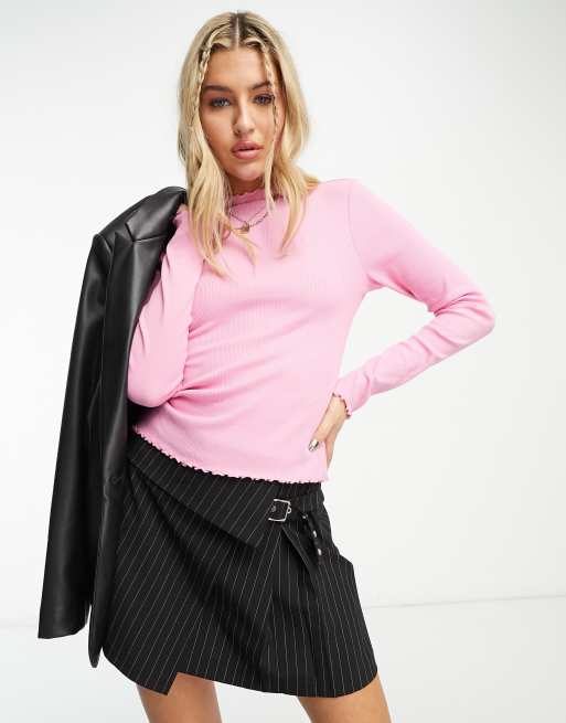 Monki lettuce edge long sleeve top in pink