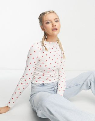Monki lettuce edge top in off white with heart print