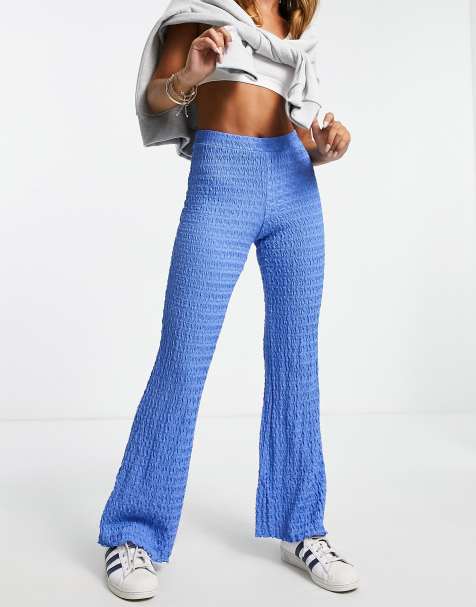 Monki co-ord lettuce hem jersey flared trousers in blue