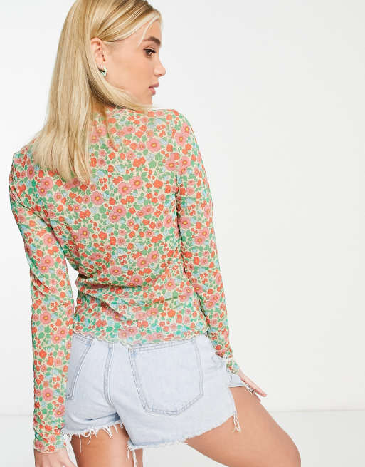 Monki lettuce hem mesh top in vintage floral print ASOS
