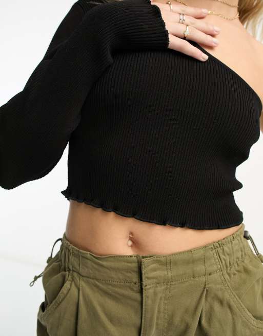 Black Basic Lettuce Hem Crop Rib Top