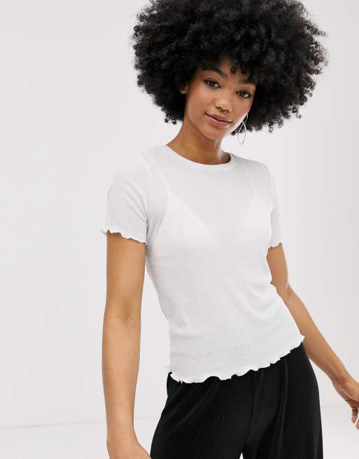 Monki lettuce hem ribbed t-shirt in white