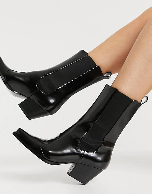 Monki Lexi faux leather square toe western boot in black