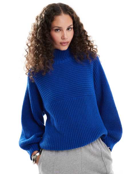 Monki Libby high neck knitted rib jumper in blue - view 1