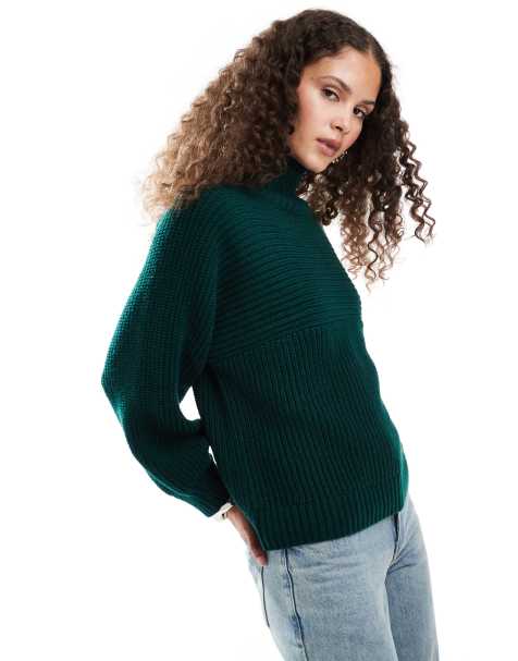 Monki Libby high neck knitted rib jumper in forest green - view 1