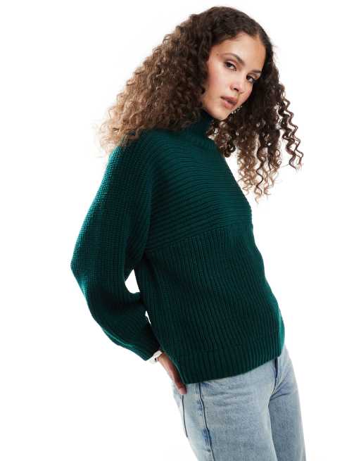 Monki Libby high neck knitted rib sweater in forest green 
