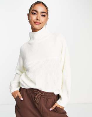 Monki Libby High Neck Sweater In Off White Knit In White