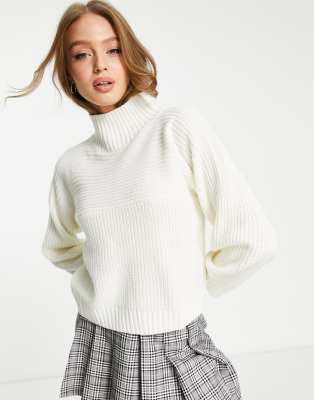 Monki Libby High Neck Sweater In Off White Knit In White