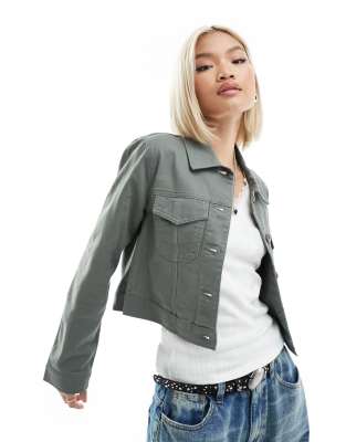 Monki Light Weight Collar Jacket In Khaki-green