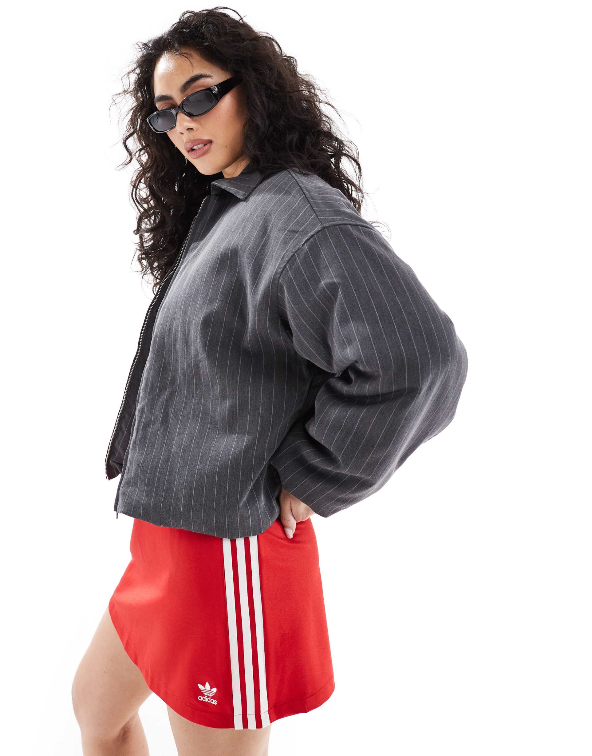 monki lightly padded bomber jacket in gray pinstripe