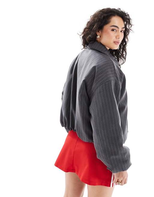 Monki lightly padded bomber jacket in grey pinstripe, 3 of 4