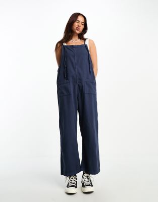 Monki dungaree midi denim dress in blue