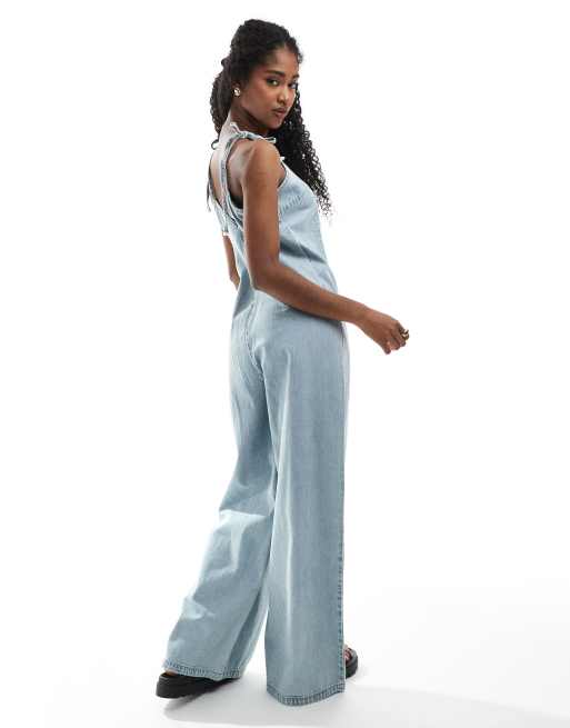 Monki lightweight denim halter neck jumpsuit in blue wash , 4 of 4