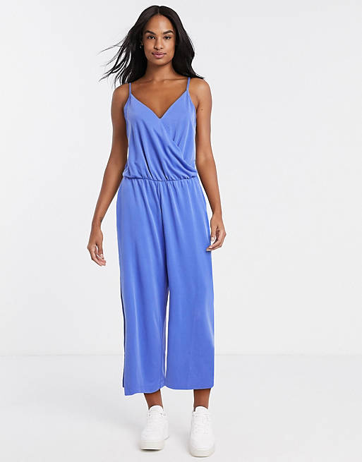 Monki Lina wrap strappy jumpsuit in blue | ASOS