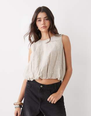 Monki Linen Blend Bubble Top In Neutral