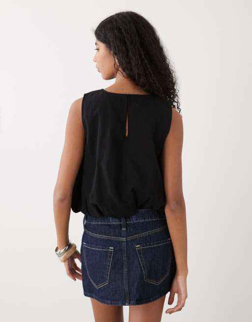 Monki linen blend bubble top in black - BLACK, 3 of 4