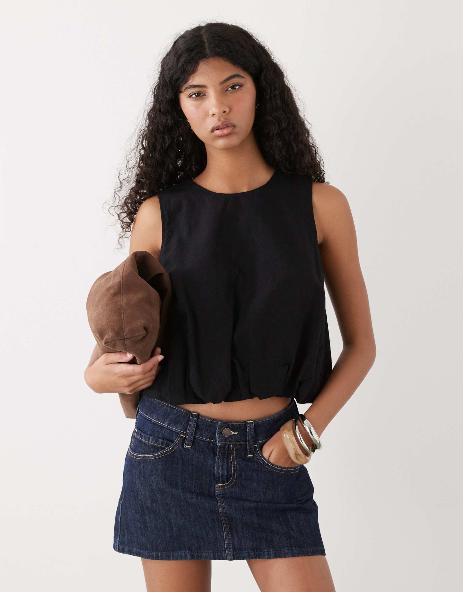 monki linen blend bubble top in black