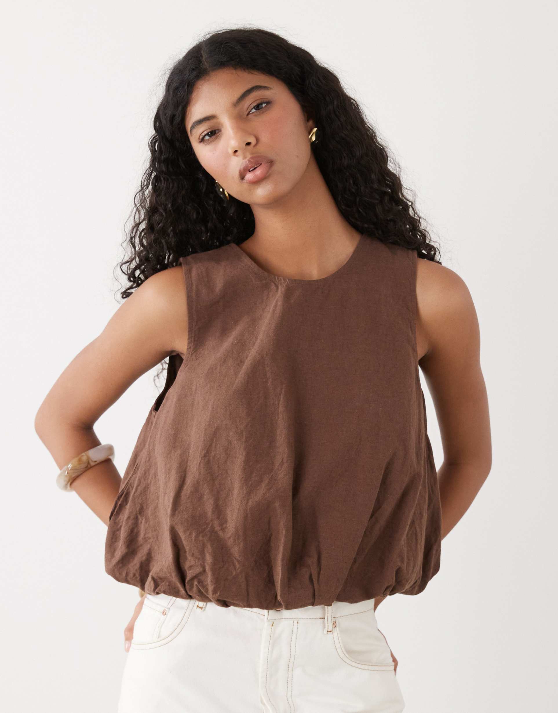 monki linen blend bubble top in brown