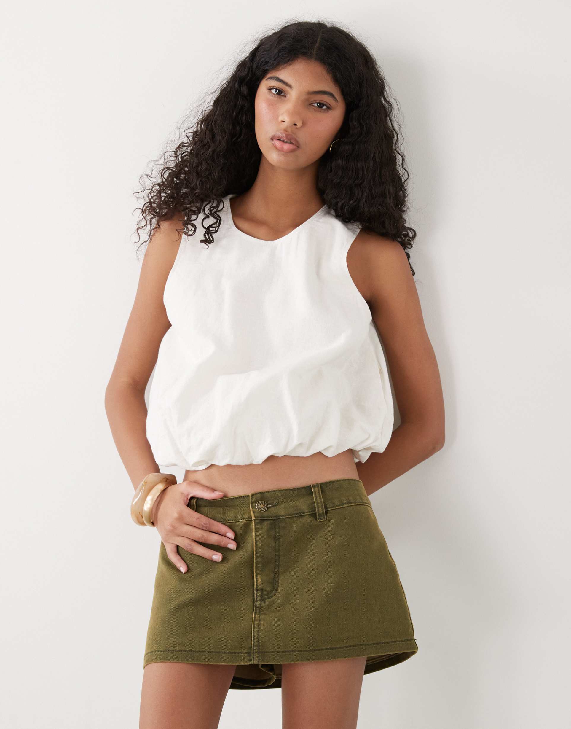 monki linen blend bubble top in white