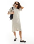 Monki linen blend midi shirt dress with button front in beige-Neutral