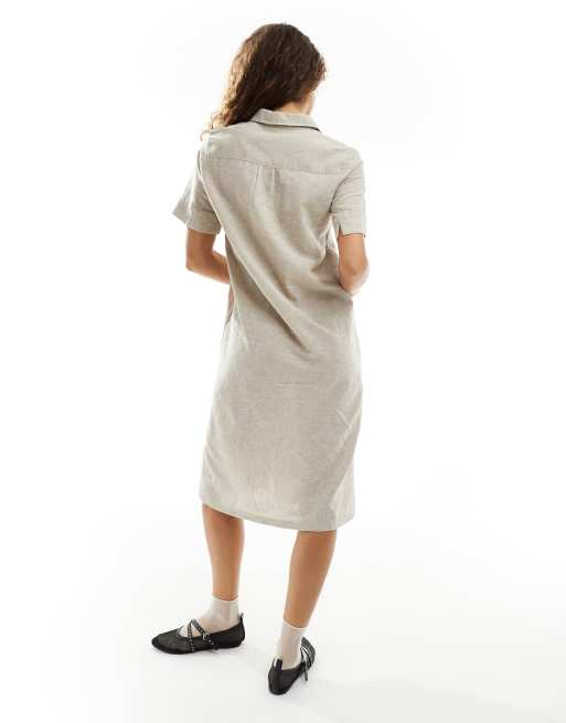 Monki linen blend midi shirt dress with button front in beige | ASOS