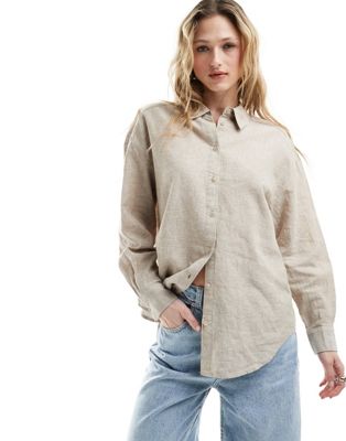 Monki Linen Blend Oversize Shirt In Beige-neutral