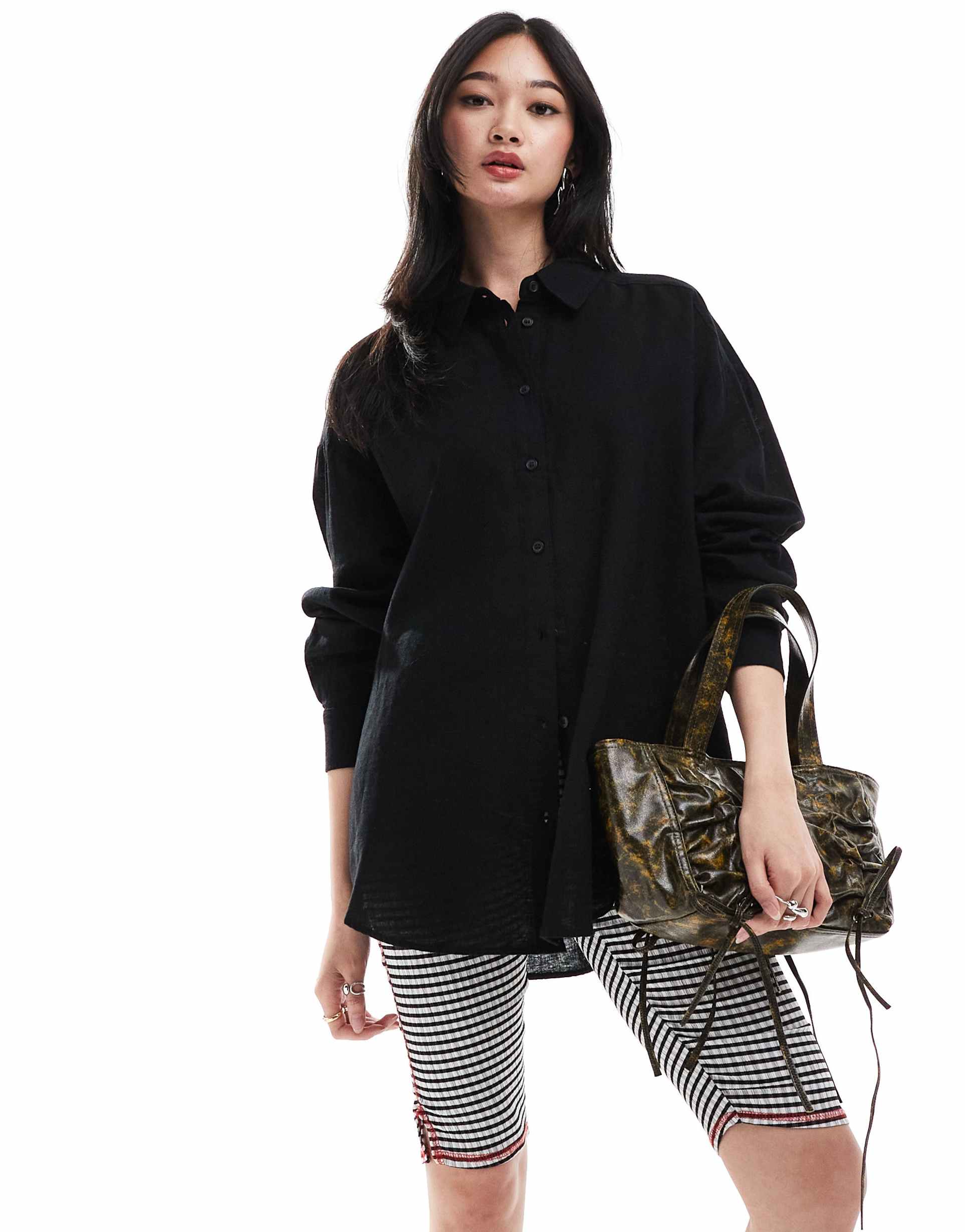 monki linen blend oversize shirt in black