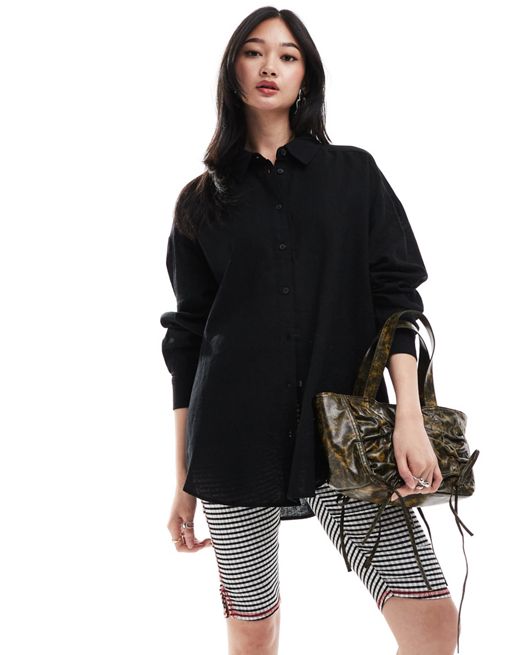 Monki linen blend oversized shirt in black