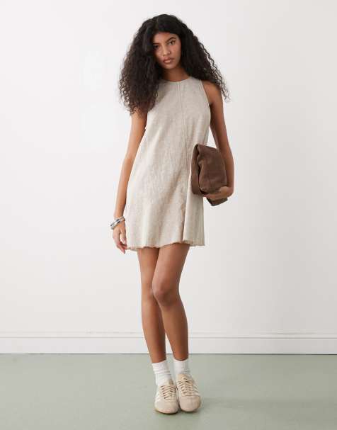 Monki linen blend sleeveless a-line mini dress with frayed edges in beige - view 1