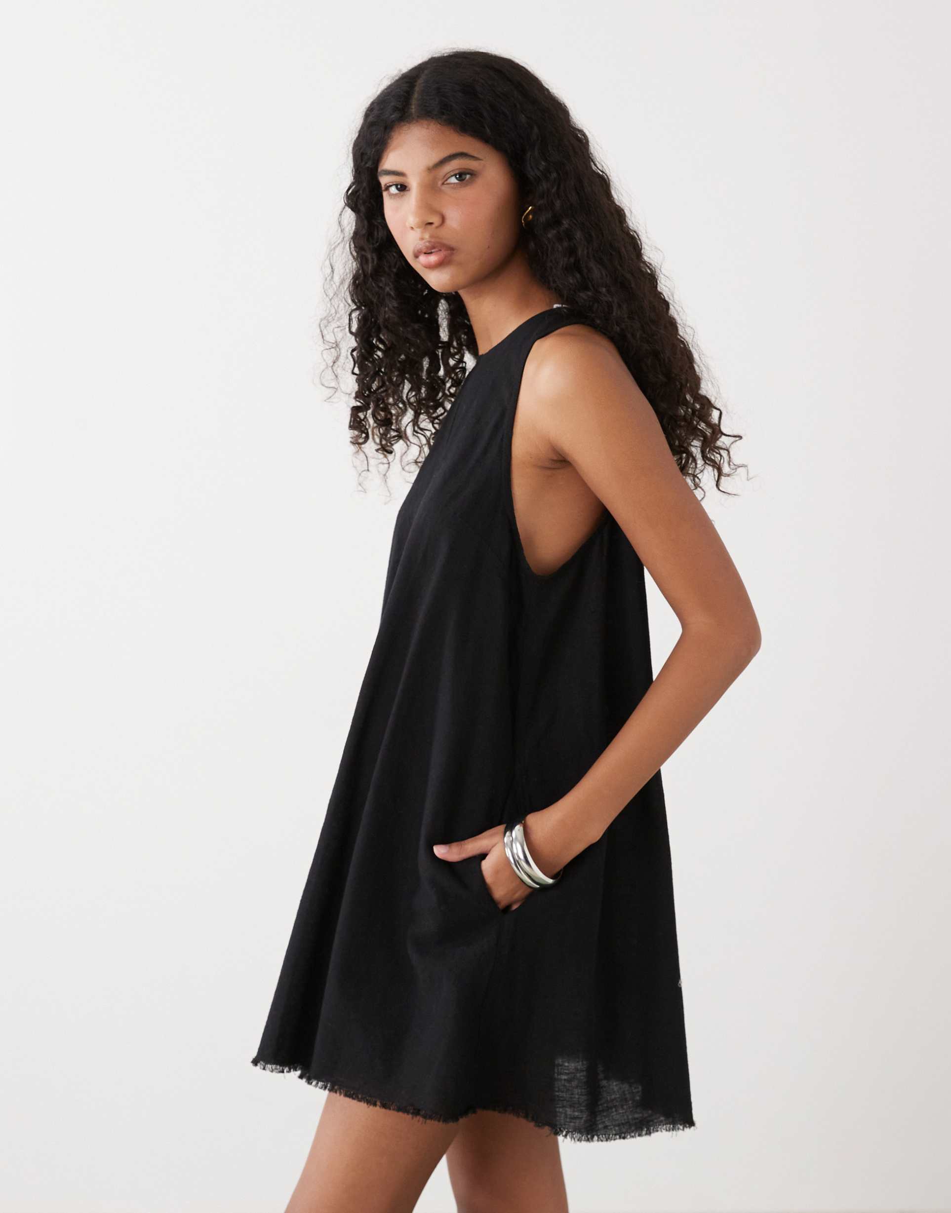 monki linen blend sleeveless a-line mini dress with frayed edges in black