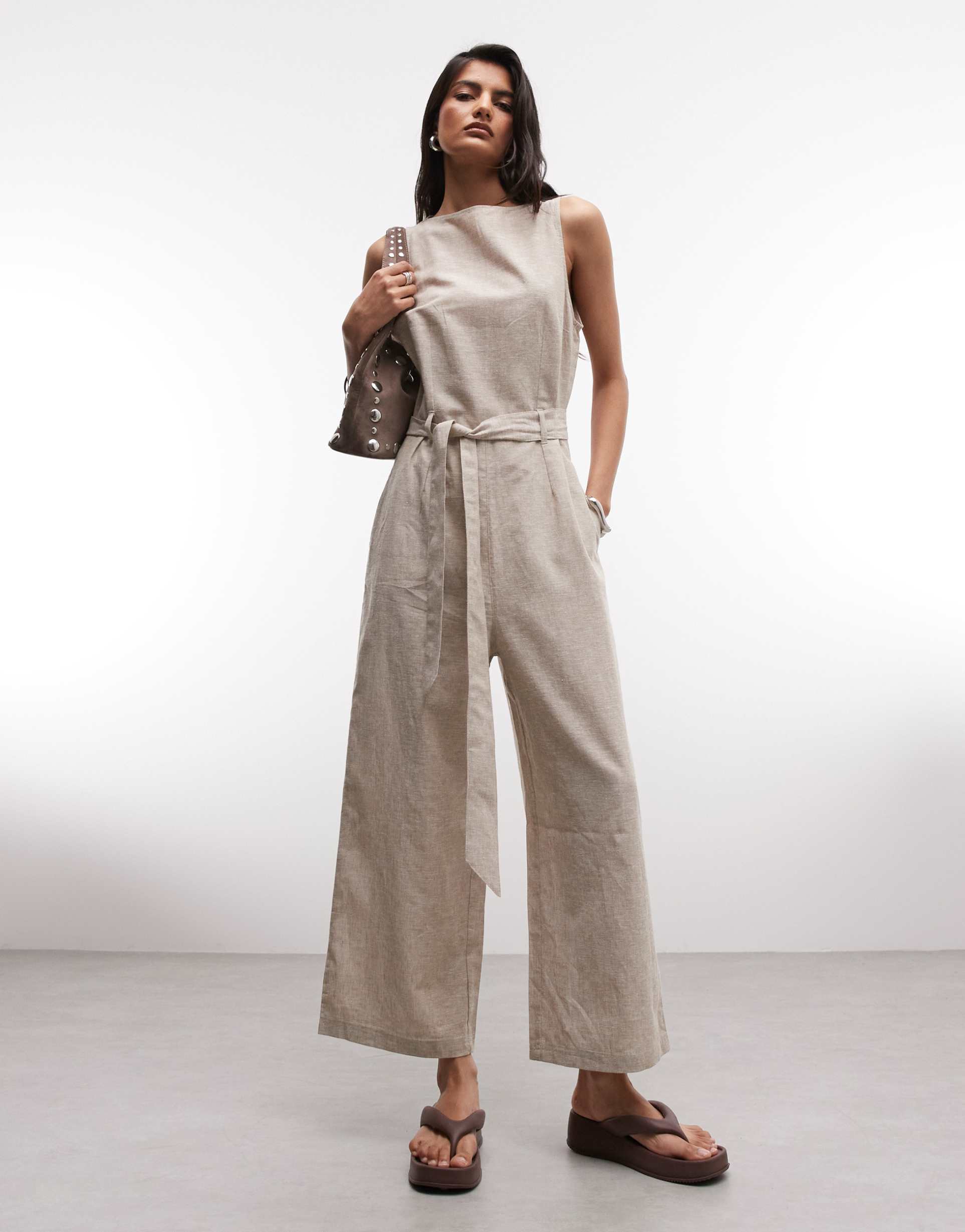 monki linen blend sleeveless wide leg jumpsuit with tie belt detail in beige