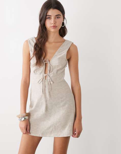 Monki linen blend tie front mini dress in beige - BEIGE - view 1