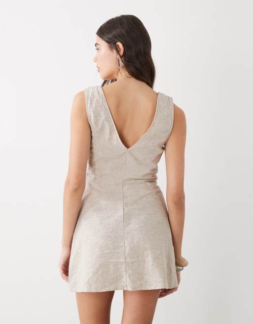 Monki linen blend tie front mini dress in beige - BEIGE, 4 of 4