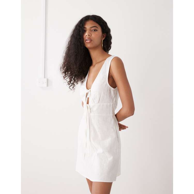 Monki linen blend tie front mini dress in white | ASOS