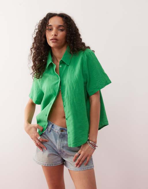 Monki linen boxy shirt in green, 2 of 4