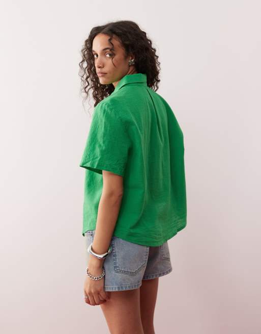 Monki linen boxy shirt in green, 3 of 4