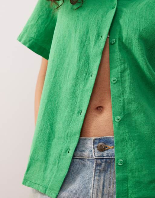 Monki linen boxy shirt in green, 4 of 4