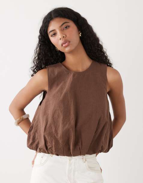 Monki linen bubble top in brown - view 1