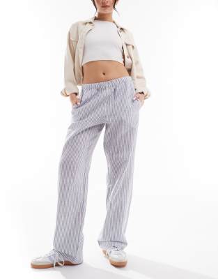 Monki linen drawstring waist trousers in white and navy stripes-Multi