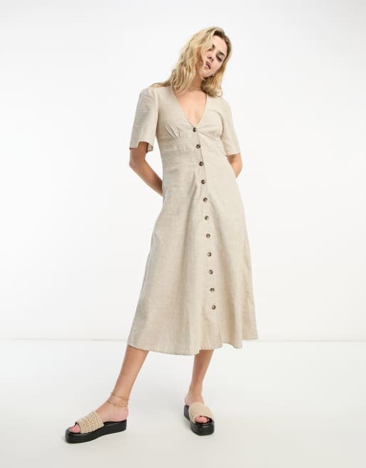 Monki linen midi tea dress in beige