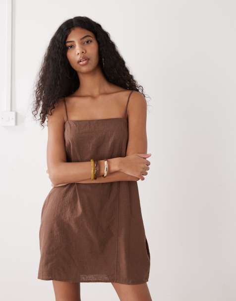 Monki linen mini dress in brown - view 1