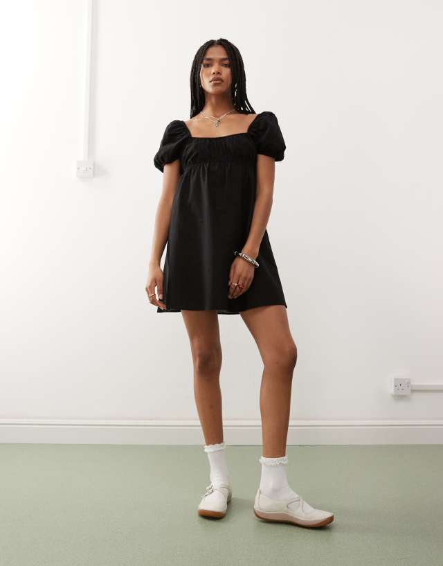Monki linen mini dress with puff sleeves in black - Exclusive to