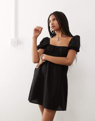 Monki Linen Mini Dress With Puff Sleeves