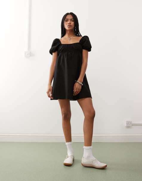 Monki linen mix mini dress with puff sleeves in black exclusive to ASOS - view 1