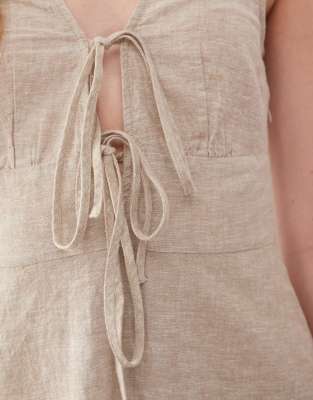 Monki Linen Mix Mini Dress With Tie Front Detail