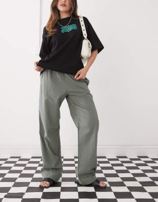 linen mix pants in khaki green