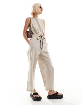 linen mix sleeveless jumpsuit with tie belt detail in beige-Neutral