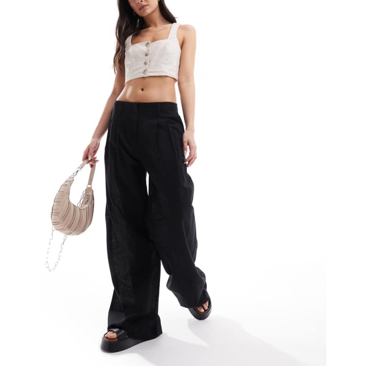 Monki linen mix tailored wide leg pants in black